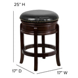 English Elm 24'' High Backless Wood Counter Height Stool with Carved Apron and LeatherSoft Swivel Seat