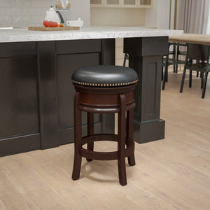 English Elm 24'' High Backless Wood Counter Height Stool with Carved Apron and LeatherSoft Swivel Seat