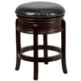 English Elm 24'' High Backless Wood Counter Height Stool with Carved Apron and LeatherSoft Swivel Seat