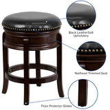 English Elm 24'' High Backless Wood Counter Height Stool with Carved Apron and LeatherSoft Swivel Seat