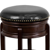 English Elm 24'' High Backless Wood Counter Height Stool with Carved Apron and LeatherSoft Swivel Seat