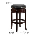 English Elm 29'' High Backless Wood Barstool with Carved Apron and LeatherSoft Swivel Seat