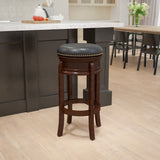 Wood Barstool with Swivel Seat, Cappuccino Finish, Black Leather Upholstery