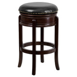 English Elm 29'' High Backless Wood Barstool with Carved Apron and LeatherSoft Swivel Seat