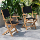 English Elm Commercial Grade Indoor/Outdoor Folding Acacia Wood Patio Bistro Chairs with X Base Frame with Arms and Black Textilene Back and Seat - Set of 2