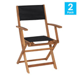 English Elm Commercial Grade Indoor/Outdoor Folding Acacia Wood Patio Bistro Chairs with X Base Frame with Arms and Black Textilene Back and Seat - Set of 2