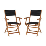 English Elm Commercial Grade Indoor/Outdoor Folding Acacia Wood Patio Bistro Chairs with X Base Frame with Arms and Black Textilene Back and Seat - Set of 2