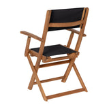 English Elm Commercial Grade Indoor/Outdoor Folding Acacia Wood Patio Bistro Chairs with X Base Frame with Arms and Black Textilene Back and Seat - Set of 2