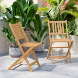 English Elm Commercial Grade Indoor/Outdoor Folding Acacia Wood Patio Bistro Chairs with X Base Frame and Slatted Back and Seat in Finish - Set of 2