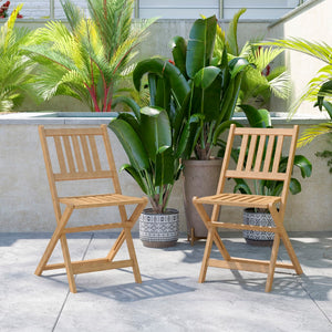 English Elm Commercial Grade Indoor/Outdoor Folding Acacia Wood Patio Bistro Chairs with X Base Frame and Slatted Back and Seat in Finish - Set of 2