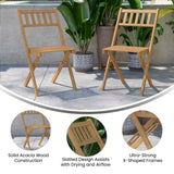 English Elm Commercial Grade Indoor/Outdoor Folding Acacia Wood Patio Bistro Chairs with X Base Frame and Slatted Back and Seat in Finish - Set of 2