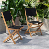 English Elm Commercial Grade Indoor/Outdoor Folding Acacia Wood Patio Bistro Chairs with X Base Frame and Black Textilene Back and Seat - Set of 2