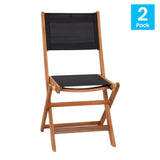 English Elm Commercial Grade Indoor/Outdoor Folding Acacia Wood Patio Bistro Chairs with X Base Frame and Black Textilene Back and Seat - Set of 2