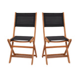 English Elm Commercial Grade Indoor/Outdoor Folding Acacia Wood Patio Bistro Chairs with X Base Frame and Black Textilene Back and Seat - Set of 2