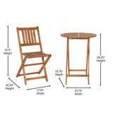 English Elm Commercial Grade 3 Piece Folding Patio Bistro Set, Indoor/Outdoor Acacia Round Wood Table and 2 Chair Set with Slatted Design, Finish