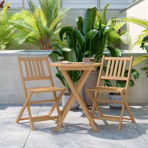 English Elm Commercial Grade 3 Piece Folding Patio Bistro Set, Indoor/Outdoor Acacia Round Wood Table and 2 Chair Set with Slatted Design, Finish