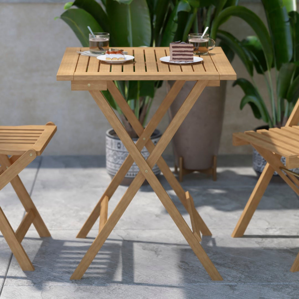 English Elm Commercial Grade Solid Acacia Wood 24 Inch Square Portable Folding Patio Table with Slatted Top and X Shaped Frame