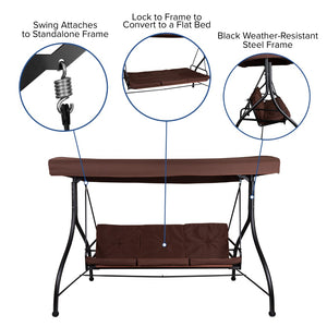 English Elm 3-Seat Outdoor Steel Converting Patio Swing Canopy Hammock with Cushions / Outdoor Swing Bed ()