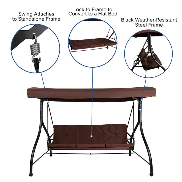 English Elm 3-Seat Outdoor Steel Converting Patio Swing Canopy Hammock with Cushions / Outdoor Swing Bed ()