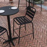 English Elm Commercial Grade Commercial Metal Indoor-Outdoor Restaurant Bar Height Stool with Metal Triple Slat Back