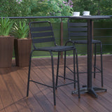 English Elm Commercial Grade Commercial Metal Indoor-Outdoor Restaurant Bar Height Stool with Metal Triple Slat Back