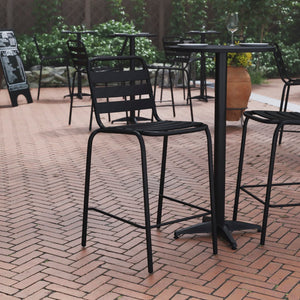 English Elm Commercial Grade Commercial Metal Indoor-Outdoor Restaurant Bar Height Stool with Metal Triple Slat Back