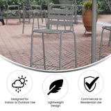 English Elm Commercial Grade Commercial Metal Indoor-Outdoor Restaurant Bar Height Stool with Metal Triple Slat Back