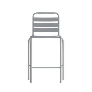 English Elm Commercial Grade Commercial Metal Indoor-Outdoor Restaurant Bar Height Stool with Metal Triple Slat Back