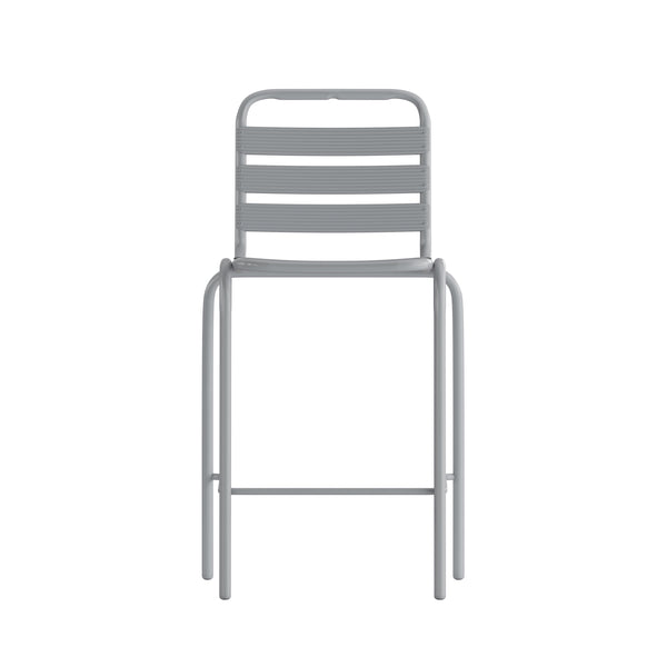 English Elm Commercial Grade Commercial Metal Indoor-Outdoor Restaurant Bar Height Stool with Metal Triple Slat Back