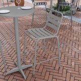 English Elm Commercial Grade Commercial Metal Indoor-Outdoor Restaurant Bar Height Stool with Metal Triple Slat Back