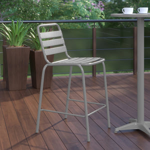 English Elm Commercial Grade Commercial Metal Indoor-Outdoor Restaurant Bar Height Stool with Metal Triple Slat Back