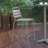 English Elm Commercial Grade Commercial Metal Indoor-Outdoor Restaurant Bar Height Stool with Metal Triple Slat Back