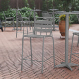 English Elm Commercial Grade Commercial Metal Indoor-Outdoor Restaurant Bar Height Stool with Metal Triple Slat Back