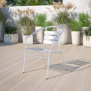 English Elm Commercial Grade Commercial Indoor-Outdoor Restaurant Stack Chair with Triple Slat Back and Arms