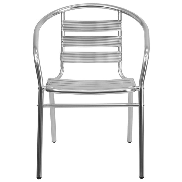 English Elm Commercial Grade Commercial Indoor-Outdoor Restaurant Stack Chair with Triple Slat Back and Arms