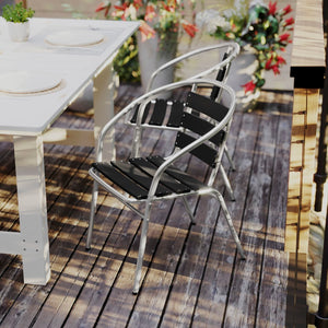 English Elm Commercial Grade Commercial Metal Indoor-Outdoor Restaurant Stack Chair with Triple Slat Faux Teak Back