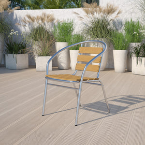 English Elm Commercial Grade Commercial Indoor-Outdoor Restaurant Stack Chair with Triple Slat Faux Teak Back