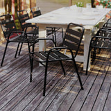 English Elm Commercial Grade Commercial Metal Indoor-Outdoor Restaurant Stack Chair with Metal Triple Slat Back and Arms