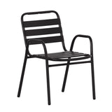 English Elm Commercial Grade Commercial Metal Indoor-Outdoor Restaurant Stack Chair with Metal Triple Slat Back and Arms