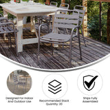 English Elm Commercial Grade Commercial Metal Indoor-Outdoor Restaurant Stack Chair with Metal Triple Slat Back and Arms