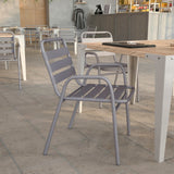 English Elm Commercial Grade Commercial Metal Indoor-Outdoor Restaurant Stack Chair with Metal Triple Slat Back and Arms