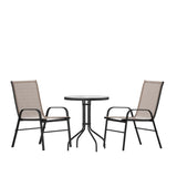 English Elm Commercial Grade 3 Piece Outdoor Patio Dining Set - 23.75" Round Tempered Glass Patio Table, 2 Flex Comfort Stack Chairs