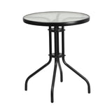 English Elm Commercial Grade 3 Piece Outdoor Patio Dining Set - 23.75" Round Tempered Glass Patio Table, 2 Flex Comfort Stack Chairs