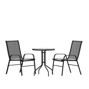 English Elm Commercial Grade 3 Piece Outdoor Patio Dining Set - 23.75" Round Tempered Glass Patio Table, 2 Flex Comfort Stack Chairs