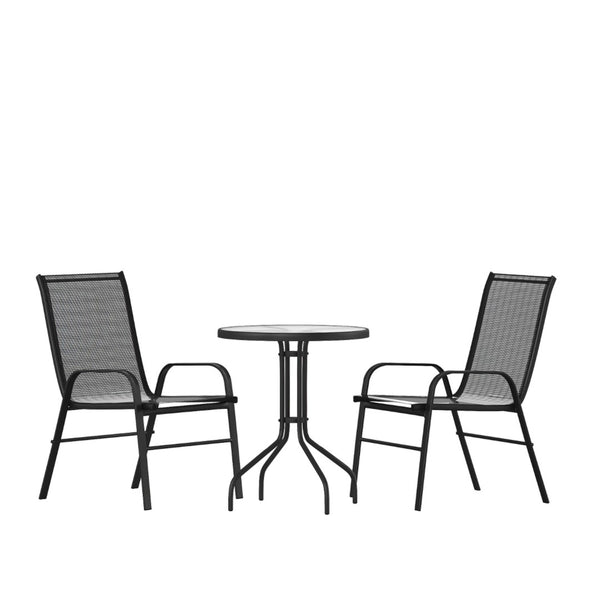 English Elm Commercial Grade 3 Piece Outdoor Patio Dining Set - 23.75" Round Tempered Glass Patio Table, 2 Flex Comfort Stack Chairs