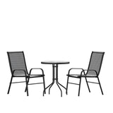 English Elm Commercial Grade 3 Piece Outdoor Patio Dining Set - 23.75" Round Tempered Glass Patio Table, 2 Flex Comfort Stack Chairs