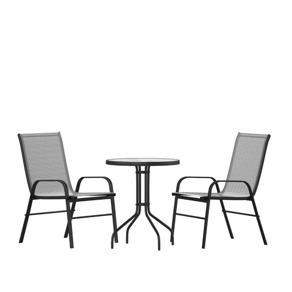 English Elm Commercial Grade 3 Piece Outdoor Patio Dining Set - 23.75" Round Tempered Glass Patio Table, 2 Flex Comfort Stack Chairs
