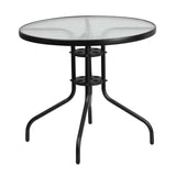 English Elm Commercial Grade 5 Piece Outdoor Patio Dining Set - 31.5" Round Tempered Glass Patio Table, 4 Flex Comfort Stack Chairs