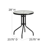 English Elm Commercial Grade 23.75'' Round Glass Metal Table with 2 Metal Aluminum Slat Stack Chairs