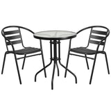 English Elm Commercial Grade 23.75'' Round Glass Metal Table with 2 Metal Aluminum Slat Stack Chairs